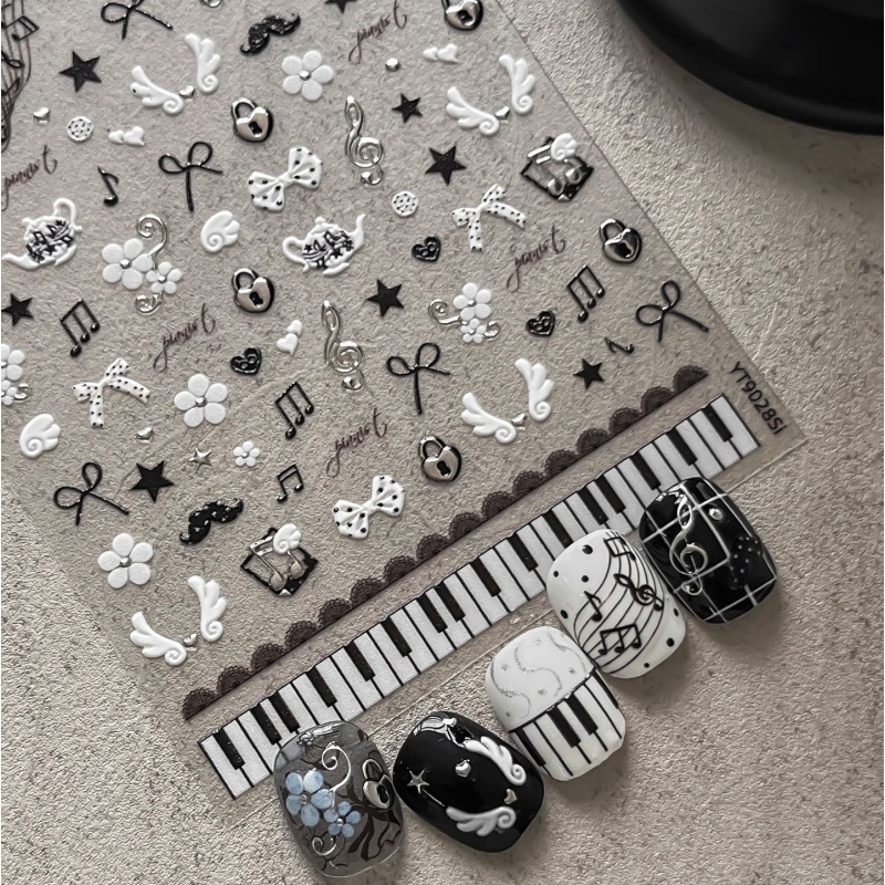 블랙 화이트 피아노 노트 네일 스티커 레트로 음악 스타 - Musical Instrument Images 리뷰 및 가격